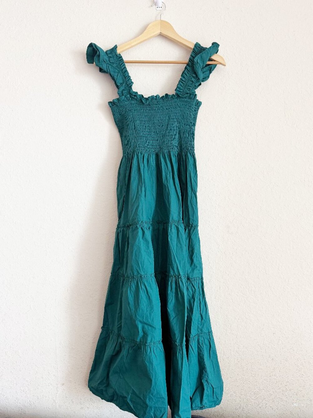 Quince Teal Organic Cotton Poplin Smocked Ruffle Tiered Midi Dress M - Picture 6 of 6